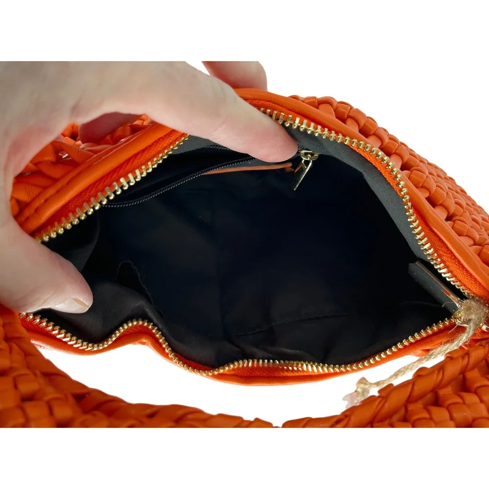 Sincerely Jules Orange Woven Crescent Hobo Shoulder Bag Vegan Leather NWT Resort - Picture 6 of 7